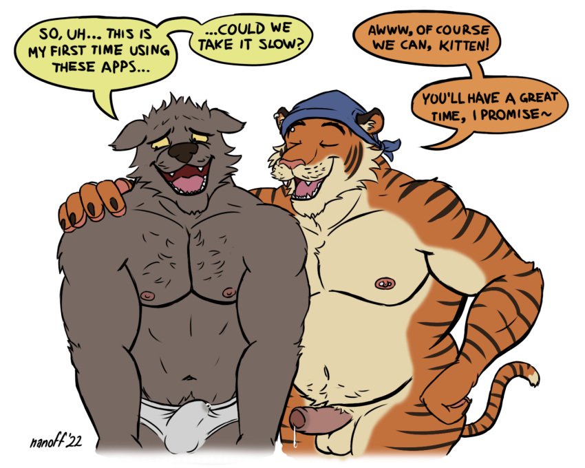 age_difference anthro arm_around_shoulders bandana bodily_fluids boomer_(nanoff) briefs canid canine canis clothing duo ear_piercing ear_ring erection felid foreskin genital_fluids genitals hi_res kerchief leaking_precum male male/male mammal mature_male miles_(nanoff) musclegut muscular muscular_male nanoff nipple_piercing nipples pantherine penis piercing precum precum_through_clothing precum_through_underwear ring_piercing tiger tighty_whities underwear wet wet_clothing white_briefs white_clothing white_underwear wolf