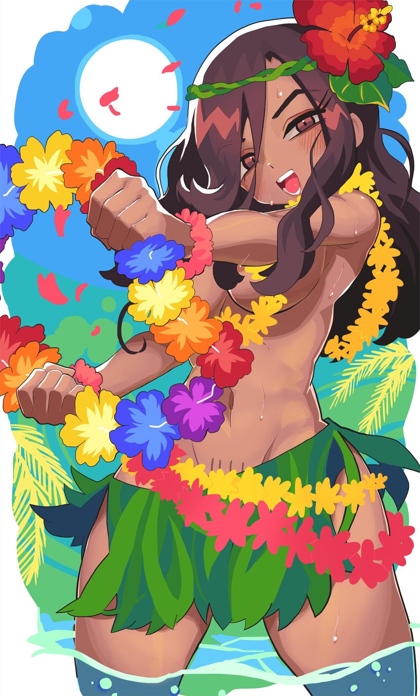 1girls belly_button big_breasts blush_lines breasts brown_eyes brown_hair convenient_censoring dancer dancer_outfit dancing dark-skinned_female female female_only flower_crown flower_in_hair gashi-gashi grass_skirt hula hula_dancer hula_skirt in_water legs_in_water looking_at_viewer navel smile solo solo_female tagme topless uejini water wide_hips