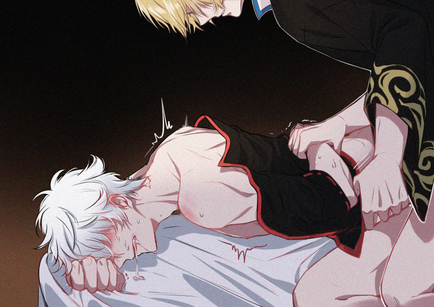 2boys arms_behind_back blonde_hair drooling feige's_violent_words from_behind gay gintama gintoki_sakata implied_anal implied_sex kimono kintoki_sakata male male_only off_shoulder partially_clothed questionable_consent restrained sweat white_hair wrist_grab yaoi