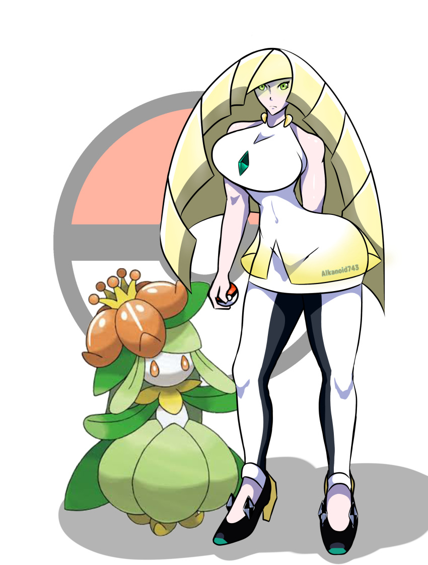 alkanoid743 blonde_hair creatures_(company) curvy female female_focus game_freak gem green_eyes gym_leader heels leggings lusamine_(pokemon) milf navel nintendo pokeball_symbol pokemon pokemon_sm solo solo_focus