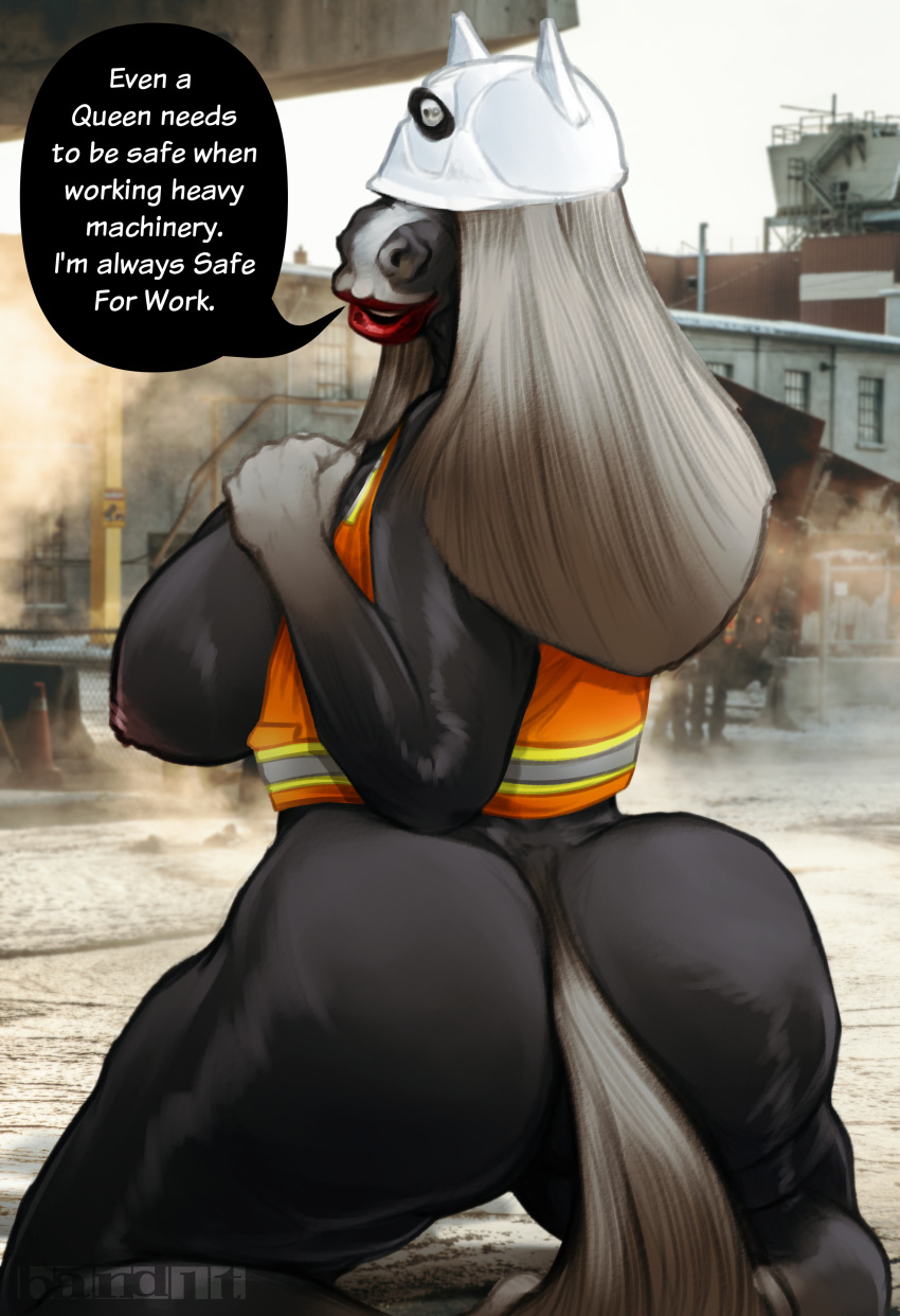 anthro ass_focus band1tnsfw big_breasts busty butt_focus covered_eyes dialogue digital_drawing_(artwork) digital_media_(artwork) english_text female female_focus female_only hand_on_breast hard_hat hi_res hidden_eyes horse long_hair looking_at_viewer portrait queen_(band1tnsfw) safety_helmet safety_vest solo speech_bubble talking_to_viewer text thick_thighs