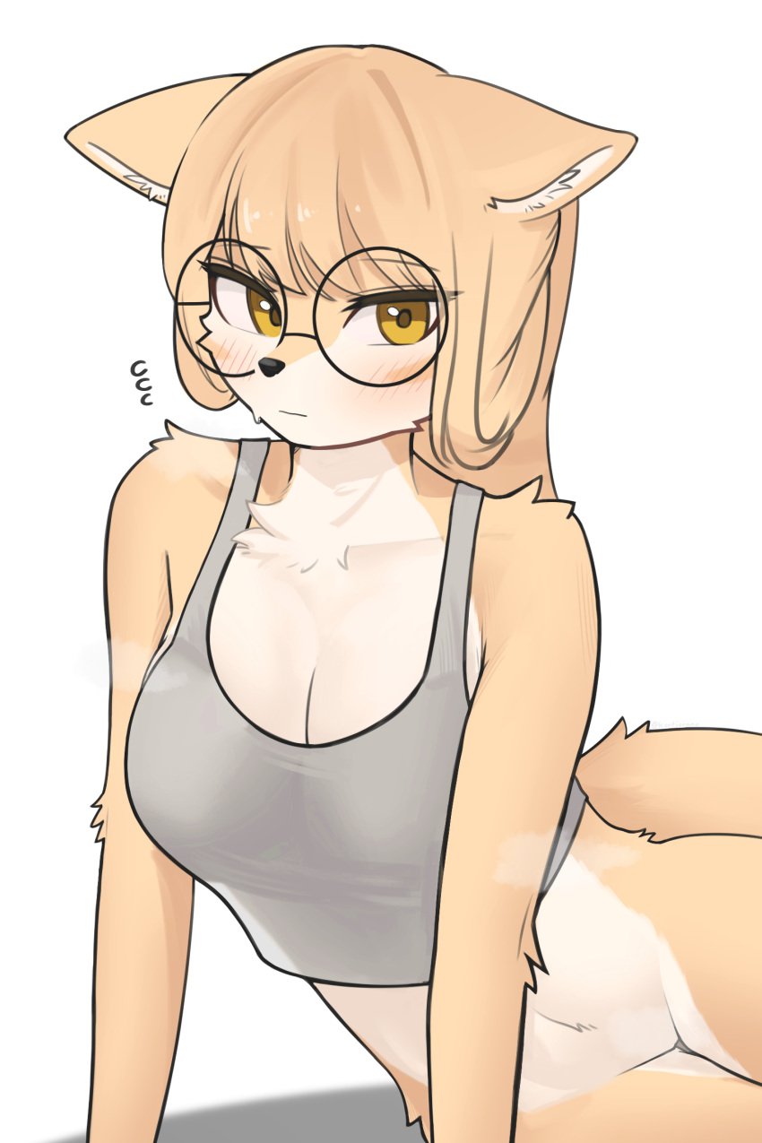 2022 anthro barely_visible_genitalia barely_visible_pussy black_nose blush bottomless breasts canid canine cleavage clothed clothing countershading crop_top eyewear female female_anthro fox fur genitals glasses hair hi_res jeifier kemono korfiorano looking_at_viewer mammal multicolored_body multicolored_fur pussy rebekah round_glasses shirt solo tan_body tan_fur tan_hair topwear two_tone_body two_tone_fur white_body white_fur yellow_eyes