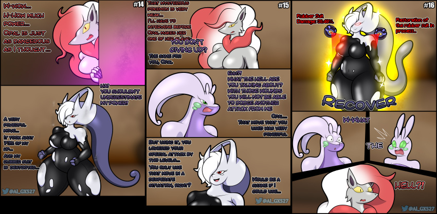 al_gx anthro attack casual_nudity cave chubby chubby_female clothed clothing comic crimson_(al_gx) curvy_figure dialogue dragonite electricity fan_character freckles hisuian_zoroark horn latex latex_suit mega_evolution mega_mewtwo_y megan_(al_gx) mewtwo multiple_pages nintendo opal_(al_gx) page_14 page_16 pikachu pokemon pokemon_(species) purple_body red_eyes rubber rubber_clothing rubber_suit short_hair sliggoo text thick_thighs video_games white_hair wide_hips zoroark