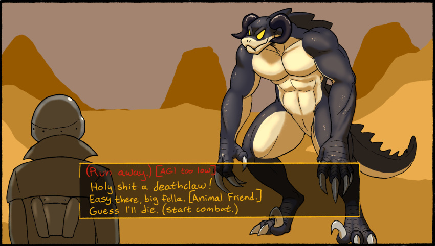 2022 60percentscalie animal_genitalia anthro armor bethesda_softworks claws deathclaw dialogue_box duo english_text fallout finger_claws gameplay_mechanics genital_slit genitals gui headgear helmet horn human male male_only mammal muscular muscular_anthro muscular_male outside profanity slit smile text toe_claws video_games yellow_eyes