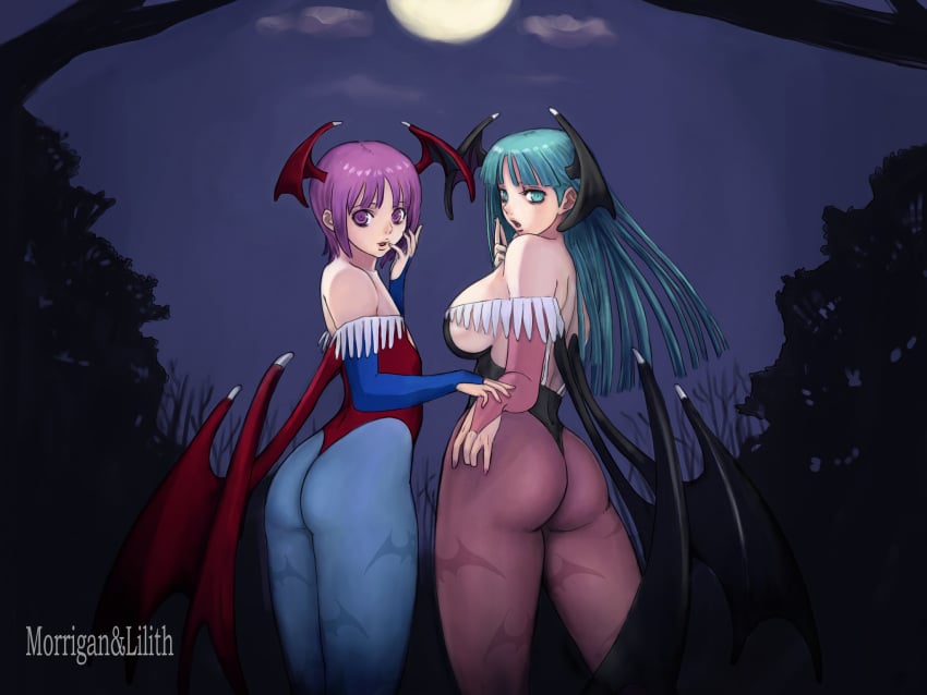 2girls animal_print aqua_eyes aqua_hair ark_(artist) ass bare_shoulders bat_print bat_wings big_ass big_breasts blue_pantyhose breasts bubble_butt busty capcom character_name clothing darkstalkers demon_girl demon_wings detached_sleeves female female_focus female_only finger_to_mouth flat_chest green_eyes green_hair head_wings highres large_breasts leotard lilith_aensland long_hair looking_back matching_hair/eyes medium_breasts moon morrigan_aensland multiple_girls nail_polish night outdoors pantyhose patterned_legwear pink_nails print_legwear purple_eyes purple_hair purple_pantyhose red_leotard short_hair siblings sideboob sisters standing succubi succubus succubus_costume succubus_wings thong thong_leotard voluptuous wallpaper wings