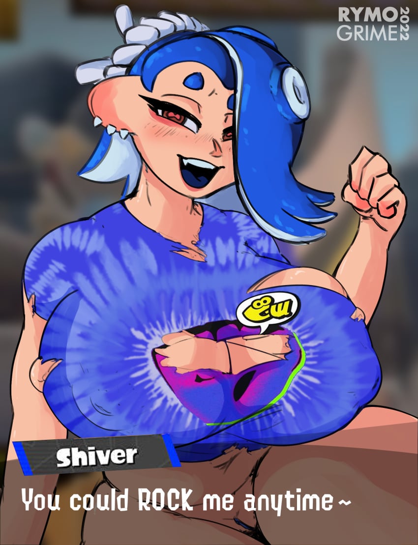 1girls big_ass big_breasts blue_hair blue_pussy bottomless deep_cut_(splatoon) english_text huge_ass huge_breasts nintendo nintendo_switch octoling piercing piercings pussy rymogrime shiver_(splatoon) splatoon splatoon_3 text tight_clothing torn_clothes torn_clothing vagina