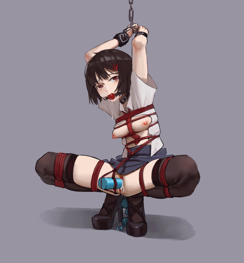 ball_gag bangs black_footwear black_thighhighs blue_skirt bob_cut bondage bound bound_legs bound_wrists breasts bubble_(pixiv51545000) chained chains chinese_commentary clothes_lift commentary_request crotch_rope cuffs dildo female female_only femsub full_body gag gagged grey_background hair_ornament hairclip high_heels highres looking_at_viewer necktie nipples no_bra no_panties object_insertion open_clothes open_shirt original platform_footwear platform_heels pussy pussy_juice raised_eyebrows red_eyes red_necktie restrained rope saliva school_uniform sex_toy shadow shibari shibari_over_clothes shirt shoes short_hair simple_background skirt skirt_lift small_breasts solo spread_legs squatting thighhighs white_shirt wide_spread_legs