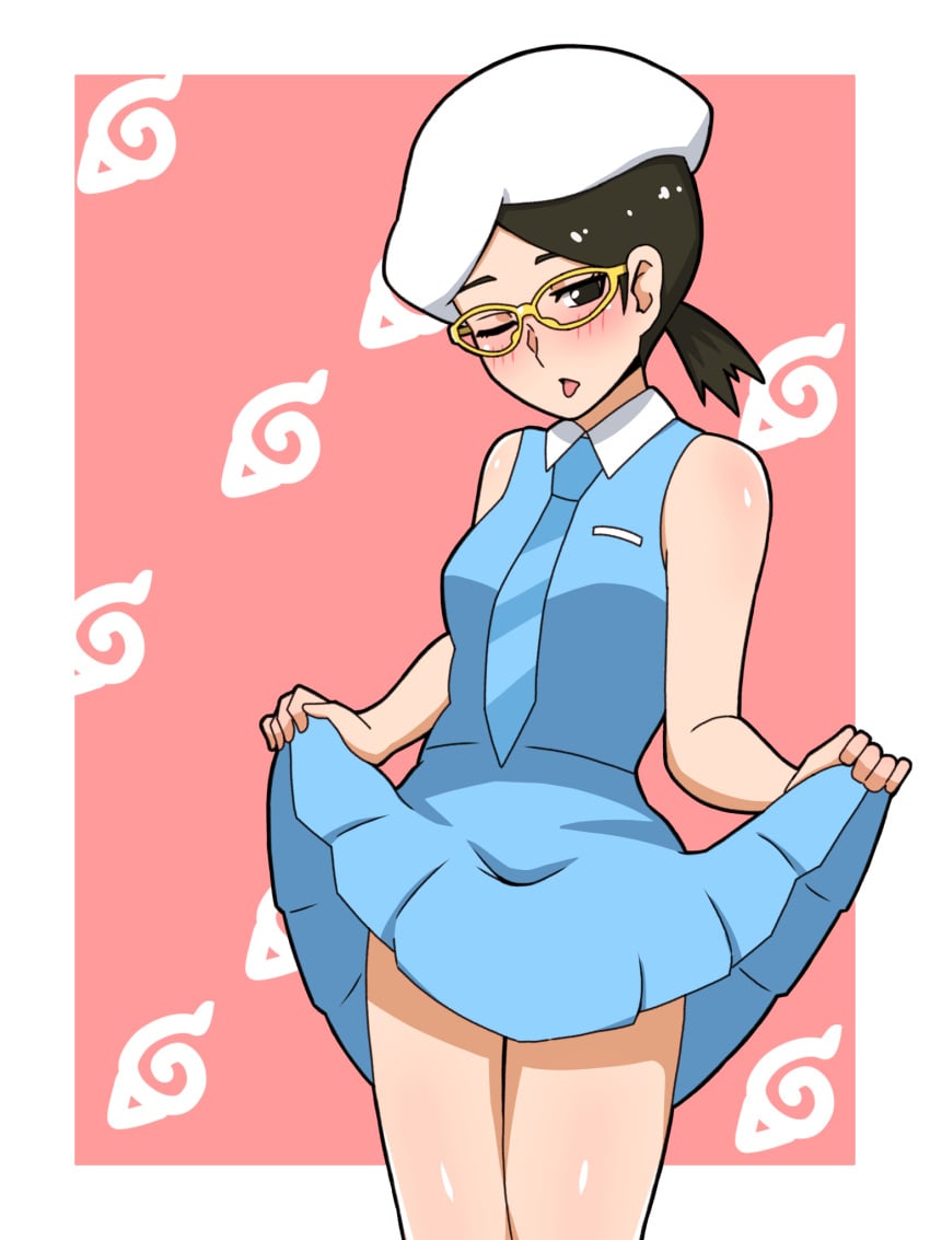 1girls bare_arms bare_legs bare_shoulders bare_thighs beret black_hair blush boruto:_naruto_next_generations clothed clothing dress dress_lift female female_focus female_only fully_clothed glasses hat headwear legs light-skinned_female light_skin narrowed_eyes naruto naruto_(series) naughty_face one_eye_closed open_mouth pale-skinned_female pale_skin petite pinup ponytail pose posing sarada_uchiha short_ponytail shounen_jump sleeveless sleeveless_dress solo solo_female solo_focus standing tease teasing thighs tied_hair tongue tongue_out wink yasei_namahamu