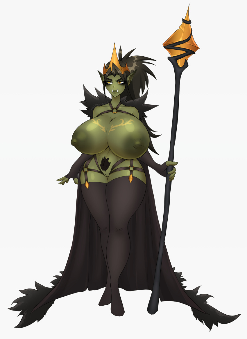 1girls big_breasts breasts clothing genitals green-skinned_female green_body green_skin hi_res holding_object holding_staff huge_breasts humanoid legwear not_furry orc orc_female pubes pussy staff thigh_highs twistingtoxic