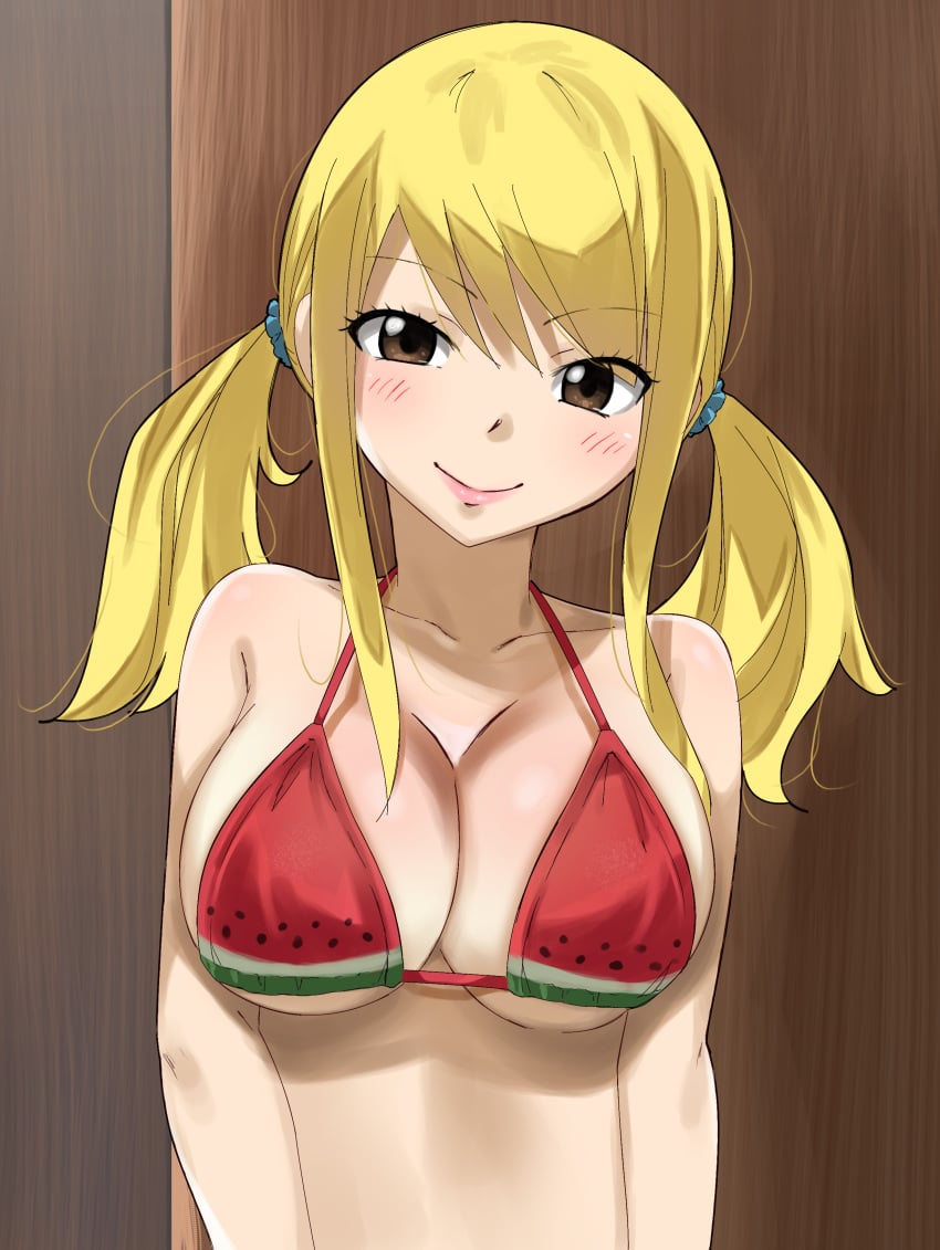 1girls absurd_res big_breasts bikini blonde_hair blush breasts brown_eyes fairy_tail female female_only gaston18 hi_res highres huge_breasts lucy_heartfilia ponytail smile