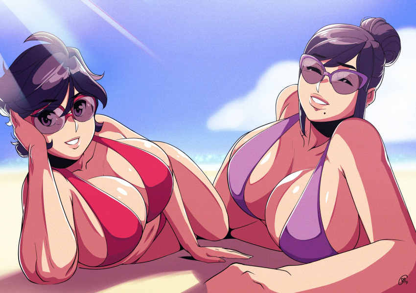 beach big_breasts bikini black_hair freeglass glasses jane_(snow_daze) long_hair milf mole_under_mouth mother_and_daughter noelle_(snow_daze) short_hair snow_daze tagme tomboy voluptuous