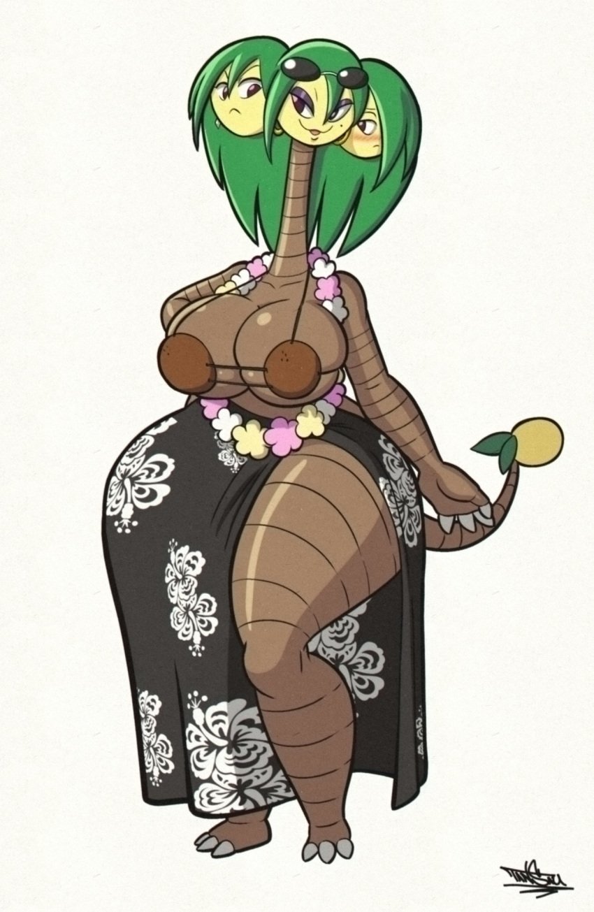 1girls 2022 3_toes 4_fingers alolan_exeggutor artist_signature beauty_mark big_breasts black_outline black_sarong blush blushing breasts brown_body brown_eyes coconut_bra curvy_figure cute earrings exeggutor female female_only flora_fauna flower_pattern game_freak green_hair hula hula_dancer lei mole nintendo pokémon_(species) pokemon pokemon_(species) pokemon_sm pokethot's purple_eyelids sharp_fingernails sharp_toenails sunglasses sunglasses_on_head tagme tansau thick_thighs white_background yellow_skin