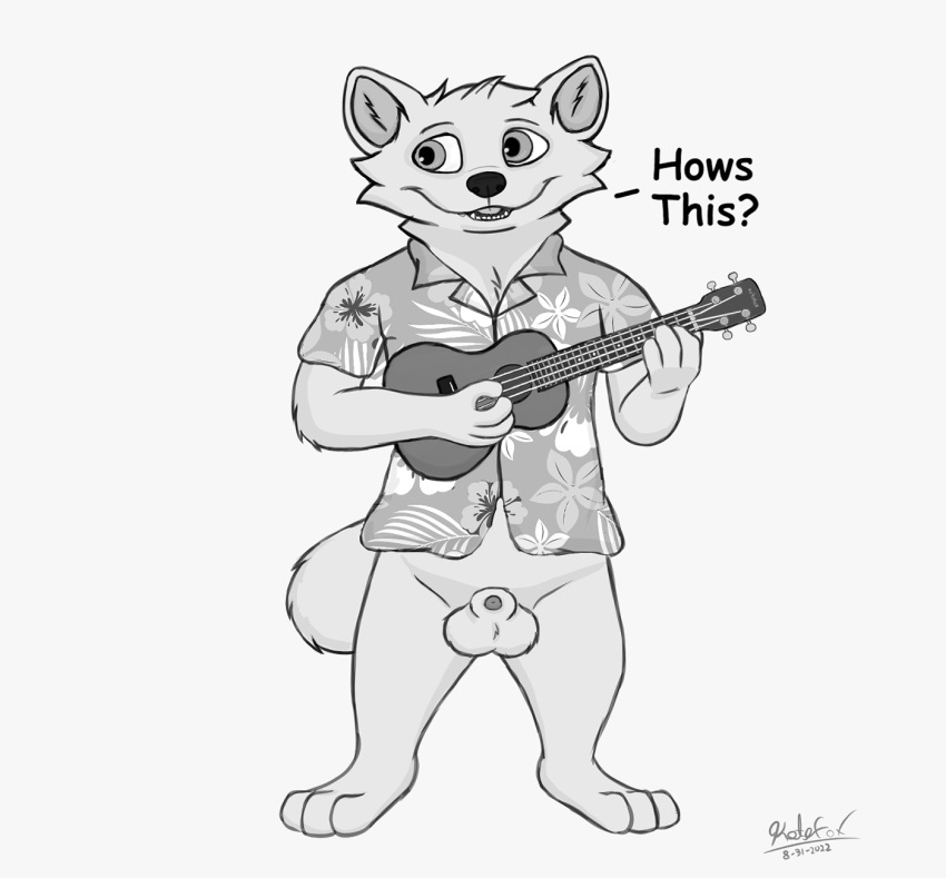 acoustic_guitar aloha_shirt animal_genitalia animal_penis balls canid canine casual chest_tuft clothing dialogue feet fox fur genitals guitar hi_res holding_object kotofox lute male mammal monochrome musical_instrument pantsless pattern_clothing pattern_shirt pattern_topwear penis penis_tip plucked_string_instrument sheath shirt smile solo string_instrument topwear tuft ukulele