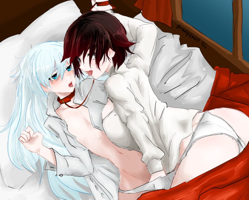 2girls ass ass_cleavage blue_eyes butt_crack collar female leash multiple_girls no_penetration odakubara panties red_hair ruby_rose rwby silver_eyes underwear weiss_schnee white_hair yuri