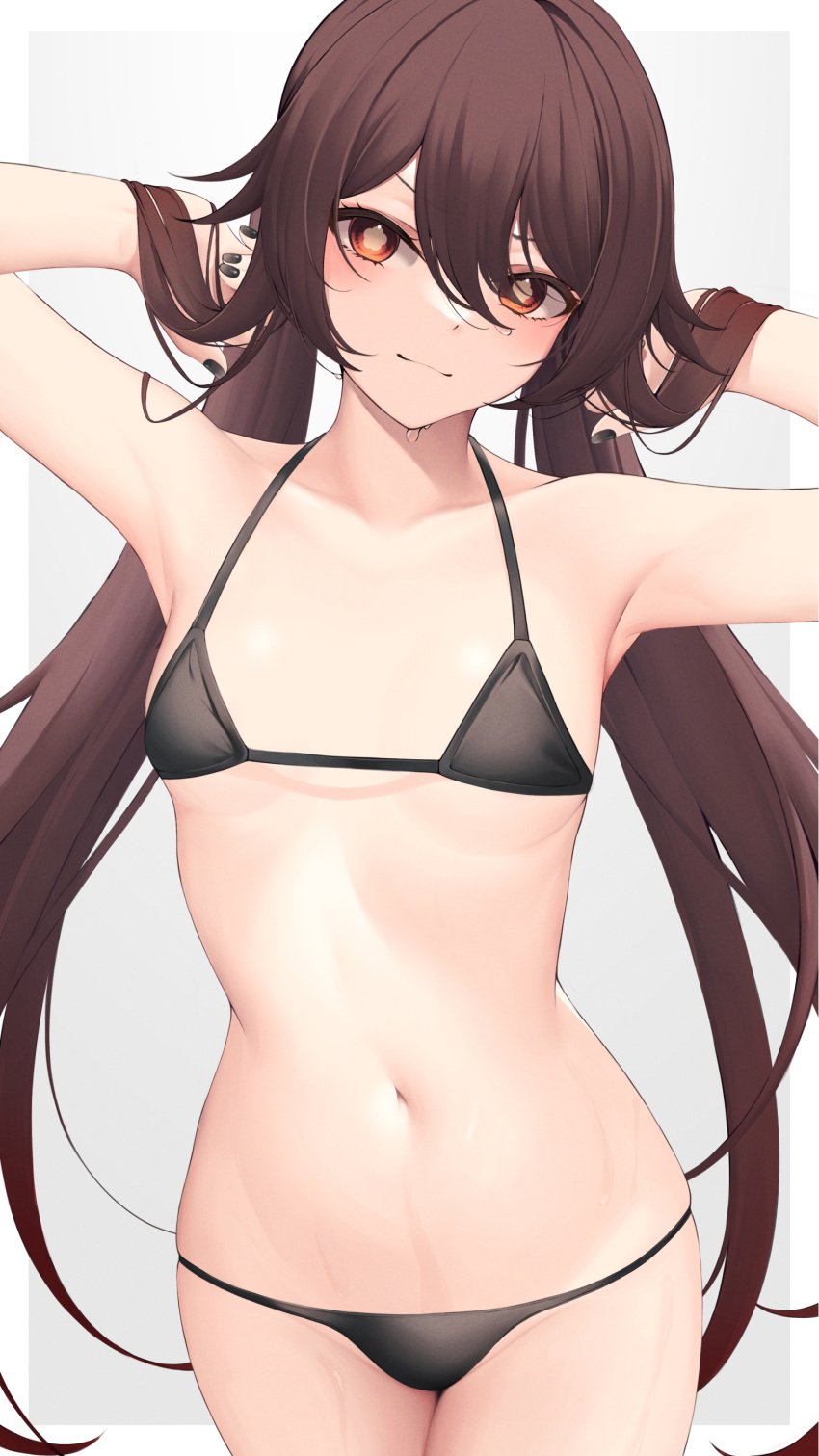 1girls belly belly_button bikini bikini_bottom bikini_top black_bikini black_fingernails black_nails blush brown_hair female female_focus female_only fingernails flower_shaped_pupils genshin_impact hu_tao_(genshin_impact) long_hair looking_at_viewer midriff nails navel red_eyes shirafuji_ene smile smiling smiling_at_viewer solo solo_female standing stomach swimsuit swimwear symbol-shaped_pupils twintails very_long_hair wet wet_body wet_skin