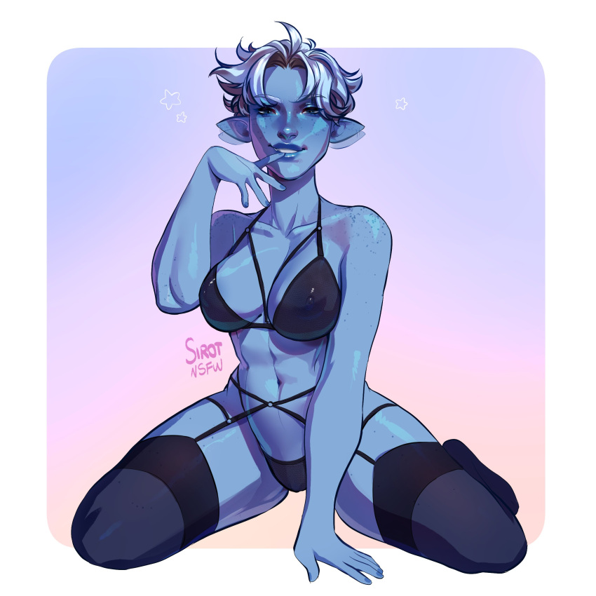 1girls blue_skin commission ear_wiggle female female_only finger_to_mouth freckles hi_res kneeling leaning_forward leaning_on_hand lingerie looking_at_viewer narrowed_eyes pointy_ears short_hair sirot_nsfw smiling smiling_at_viewer solo solo_female stockings voluptuous wiggle_lines