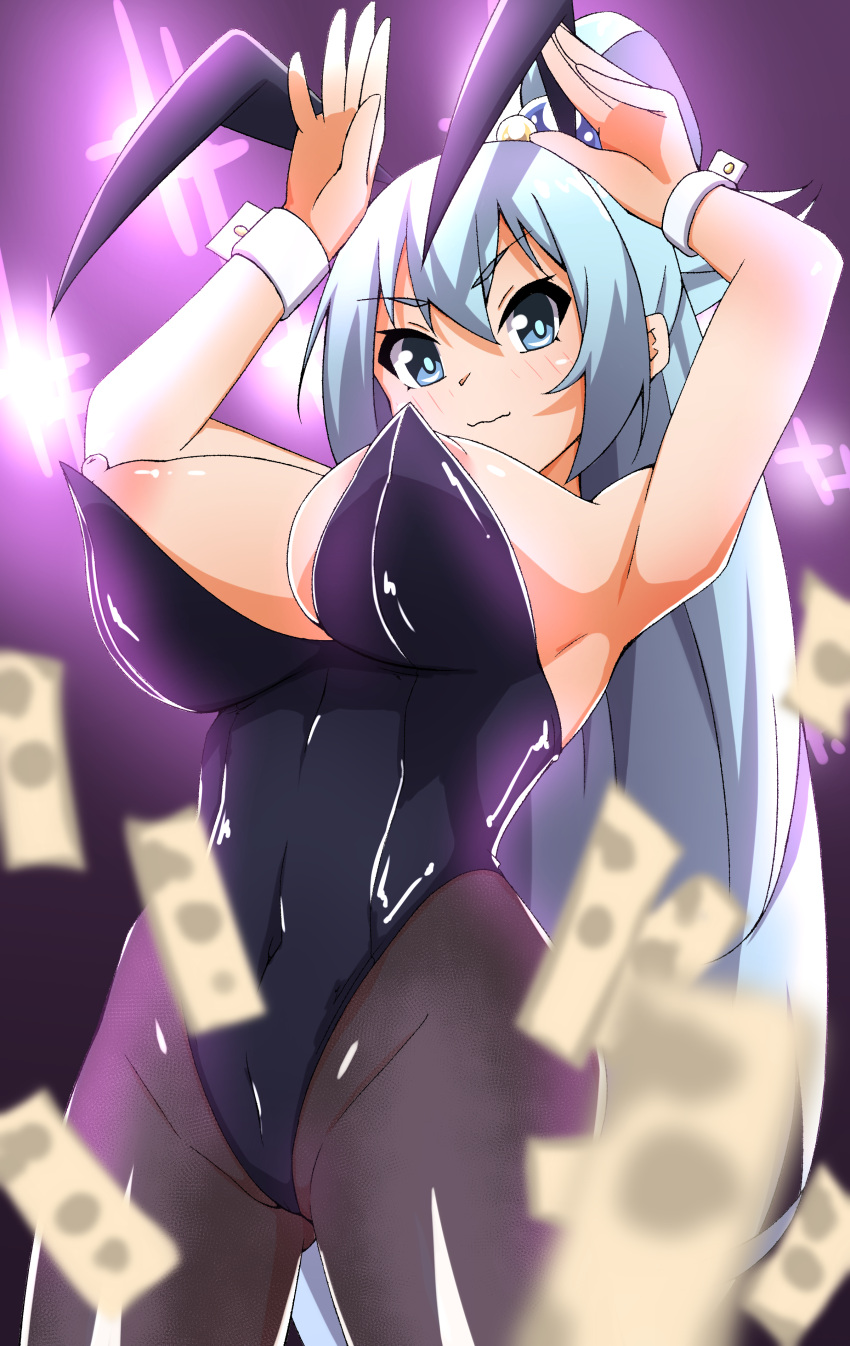 1girls aqua_(konosuba) aqua_eyes aqua_hair big_breasts blush breasts bunny_ears bunnysuit female kono_subarashii_sekai_ni_shukufuku_wo! long_hair looking_at_viewer ponytail solo toukaaa