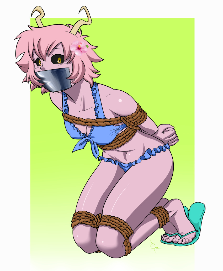 1girls bikini bondage duct_tape_gag female female_only kneeling mina_ashido my_hero_academia navel oz-suka pink_body pink_hair pink_skin rope_bondage sandals solo solo_female solo_focus tagme