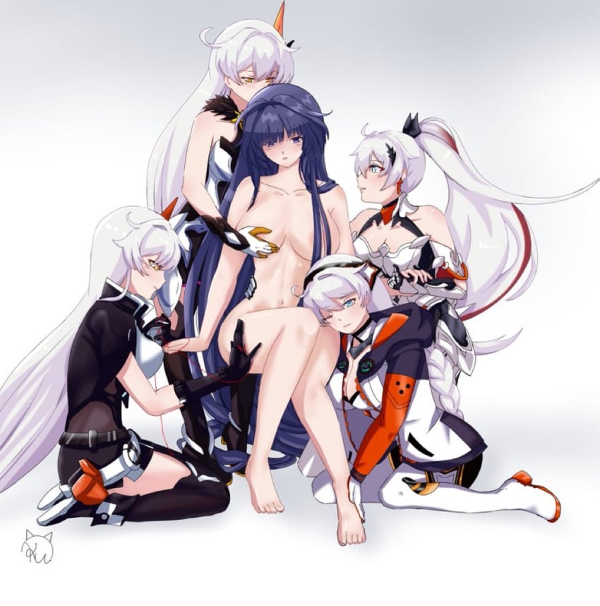 2022 bangs clone female female_only fondling_breast groping hair_covering_nipples harem honkai_impact_3rd kiana_kaslana kiana_kaslana_(herrscher_of_flamescion) kiana_kaslana_(herrscher_of_the_void) kiana_kaslana_(void_drifter) kiana_kaslana_(white_comet) lesbian long_hair multiple_girls naked naked_female nude nude_female purple_hair raiden_mei silver_hair touching_thigh yuri