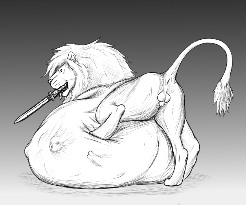 after_vore animal_genitalia anus balls belly big_belly bone bones_in_stomach felid feral genitals lion male mammal melee_weapon pantherine same_size_vore sheath stomach_bulge sword thatgryphonguy vore weapon