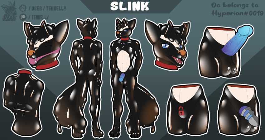 anthro balls big_balls big_penis bondage bound canid canine canis chastity_cage chastity_device clothing genitals hi_res latex latex_suited male mammal penis rubber rubber_band rubber_clothing rubber_suit slink_(oc) smile solo tenkelly wolf