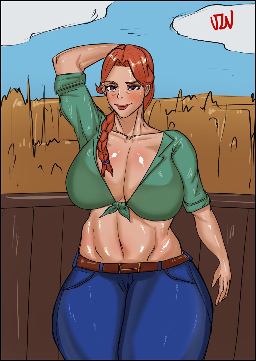 1girls arm_behind_head blush blushing blushing_at_viewer female female_only ginger ginger_hair huge_breasts leah_(stardew_valley) light-skinned_female light_skin looking_at_viewer muscular_female ponytail purple_eyes smile smiling smiling_at_viewer solo solo_female stardew_valley thick_thighs vin_workshop