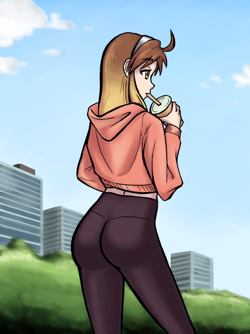 2022 ahoge amber_eyes ass background background_sky blonde_hair breezebender brown_hair building bush bushes clothed clothed_female clothing cloud clouds crop_top crop_top_hoodie cropped_shirt cup dat_ass digital_media_(artwork) drink drinking female from_behind hairband hood hoodie iced_tea leggings long_hair long_sleeves looking_away luccia_(breezebender) multicolored_hair not_looking_at_the_viewer original original_artwork original_character outdoors outside sky softcore solo solo_female solo_focus straw tea tight_clothes tight_clothing tight_fit tight_pants tights two_tone_hair walking yellow_eyes yoga_pants