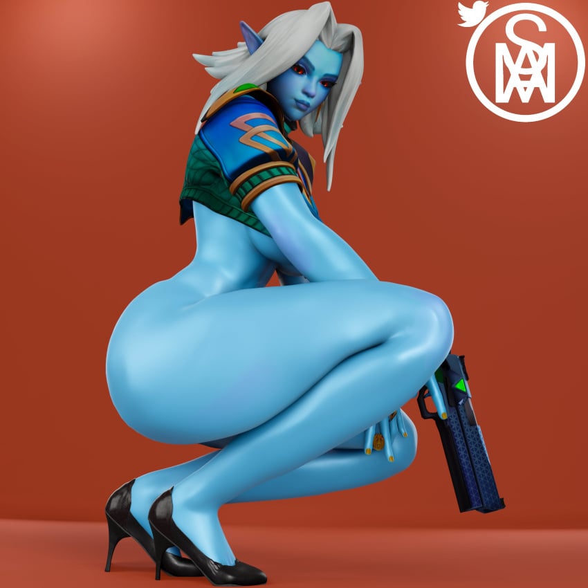 1girls 3d ass big_ass blue-skinned_female blue_skin elf gun middlemansfm paladins saati_(paladins) sideass solo solo_female tagme yazanios