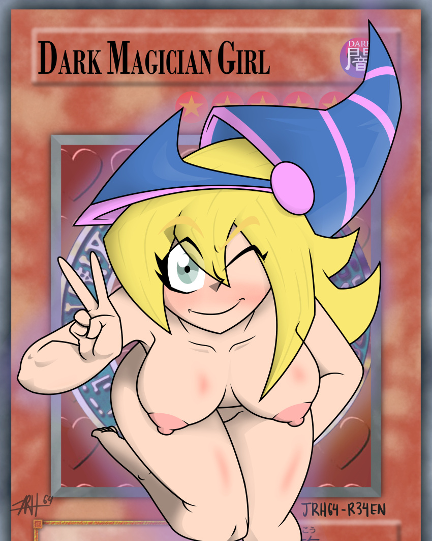 1girls big_breasts blonde_eyebrows blonde_female blonde_hair blush blushing_at_viewer dark_magician_girl duel_monster female female_only green_eyes helmet joe_rodher leaning_forward long_hair nipples nude nude_female smiling smiling_at_viewer solo solo_female uncensored v_sign winking winking_at_viewer yu-gi-oh! yu-gi-oh!_card yu-gi-oh!_duel_monsters