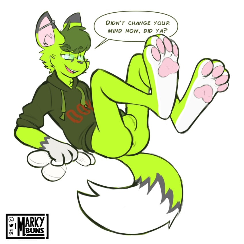 anthro ass balls canid canine clothing eyewear feet fennec footwear fox genitals glasses hi_res hoodie male mammal markydraws moss_(saladfen) paws penis piercing socks solo topwear