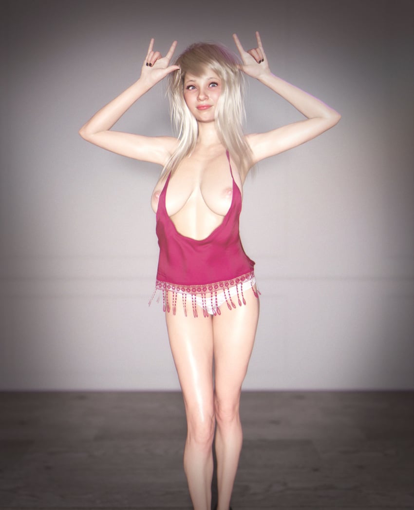 1girls 2022 3d blonde_hair depth_of_field devil_horns female female_only generator_(artist) indoors large_breasts no_bra panties slushe_(website) solo solo_female standing white_panties