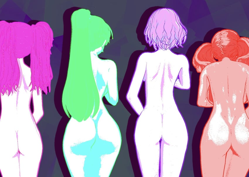 3d 4girls ann_takamaki ass back back_view bare_back bernadetta_von_varley big_ass completely_nude female female_only fire_emblem fire_emblem:_the_blazing_blade fire_emblem:_three_houses green_hair human kujikawa_rise lineup long_hair lyn_(fire_emblem) multiple_girls nintendo nude nude_female pale_skin persona persona_4 persona_5 ponytail purple_hair short_hair twintails yumi_(artist)