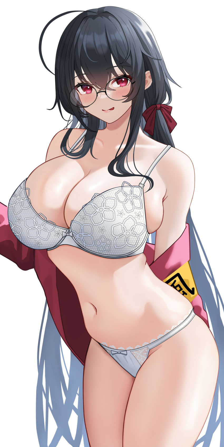 1girls 2022 ahoge alternate_hairstyle alternate_version_available artist_request azur_lane belly_button black_hair blush bra breasts cleavage female female_only fujioni glasses hips huge_breasts human licking_lips light-skinned_female light_skin long_hair looking_at_viewer naughty_face panties red_eyes simple_background slim_waist smile solo suggestive_look taihou_(azur_lane) taihou_(sweet_time_after_school)_(azur_lane) thick_thighs thighs tongue twintails undressing white_bra white_panties wide_hips