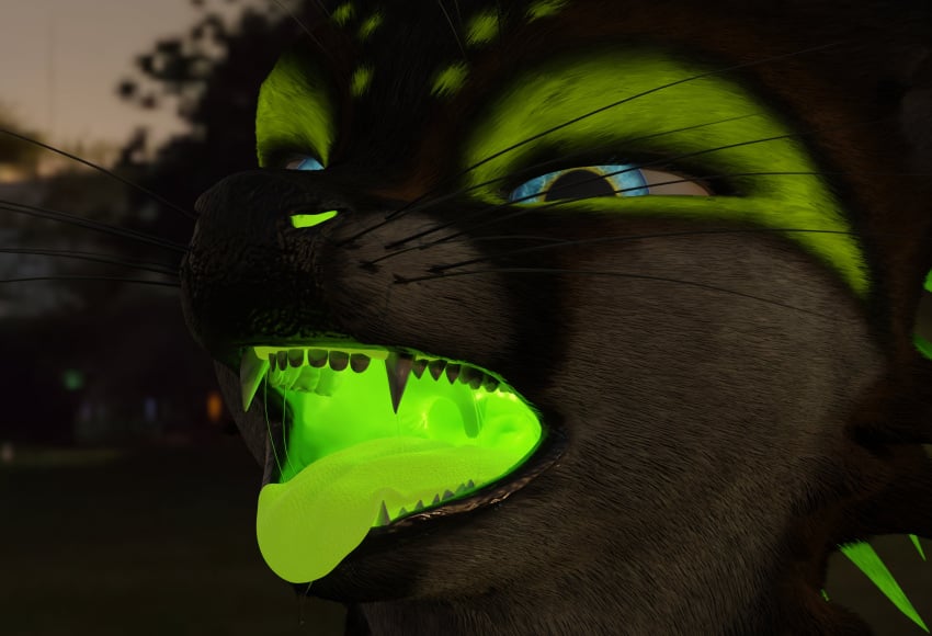 anthro anthro_only black_nose blender_(software) blue_eyes canid canine deer feathers fur furry furry_only green_fur green_markings green_mouth green_tongue kiwidox kiwidox_(artist) male male_only maw_play mawshot render rexouium saliva saliva_drip tongue_out vore vr_media