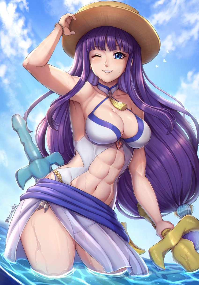 1girls abs alternate_costume altina_(fire_emblem) altina_(summer)_(fire_emblem) arm_up blue_eyes blue_one-piece_swimsuit blue_sky breasts cleavage cloud collarbone cowboy_shot evomanaphy female female_only fire_emblem fire_emblem:_radiant_dawn fire_emblem_heroes grey_swimsuit grin hand_on_headwear hat highres holding huge_weapon inflatable_sword inflatable_toy large_breasts light-skinned_female light_skin long_hair looking_at_viewer muscular muscular_female navel nintendo official_alternate_costume one-piece_swimsuit one_eye_closed partially_submerged ponytail purple_hair sarong sky smile solo straw_hat sun_hat swimsuit very_long_hair water weapon white_swimsuit wide_hips wink