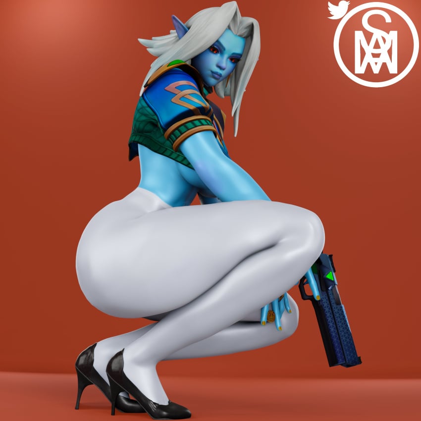 1girls 3d blue-skinned_female blue_skin elf gun leggings middlemansfm paladins saati_(paladins) solo solo_female white_pants yazanios yoga_pants