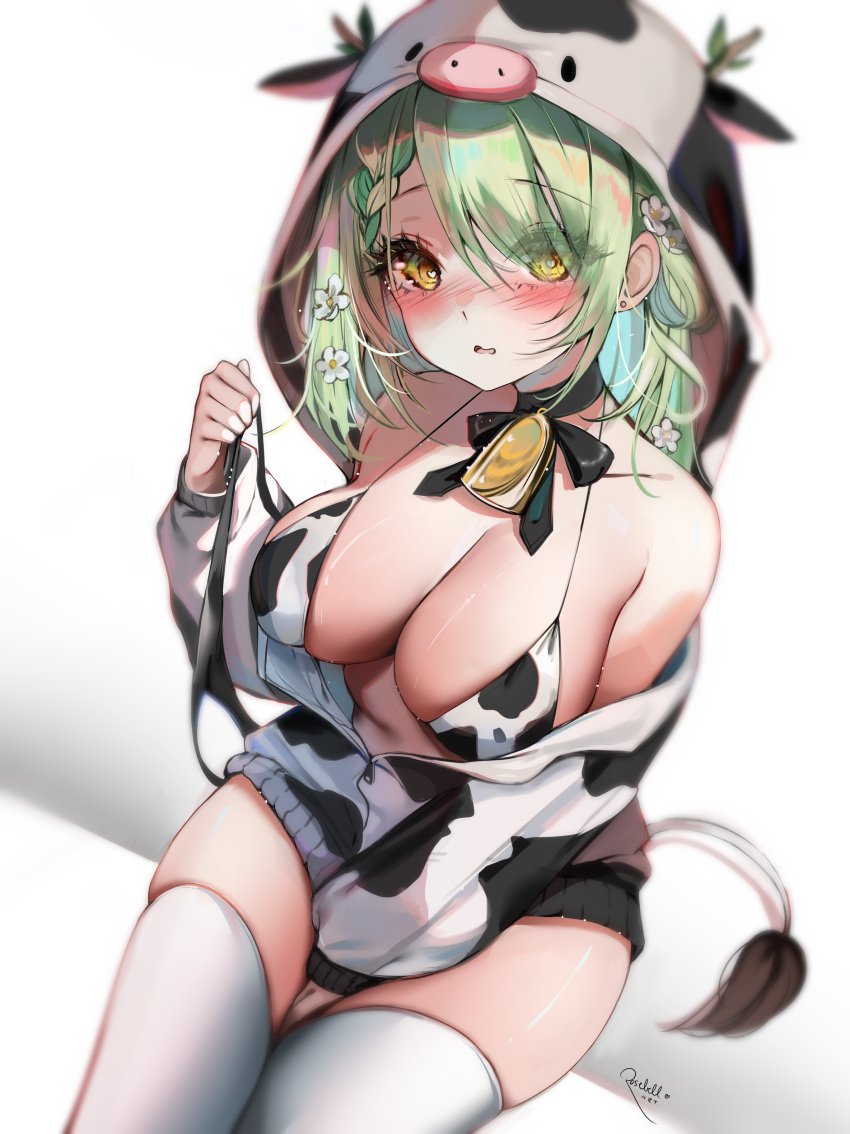 bell_collar blush bow ceres_fauna choker cow_hood cow_print cow_tail cowbell cowkini flowers_in_hair green_hair heart-shaped_pupils hololive hololive_english hololive_english_-council- hololive_english_-promise- hood_up hoodie horns jacket_partially_removed pov pov_eye_contact ribbon sitting thighhighs virtual_youtuber white_background yellow_eyes