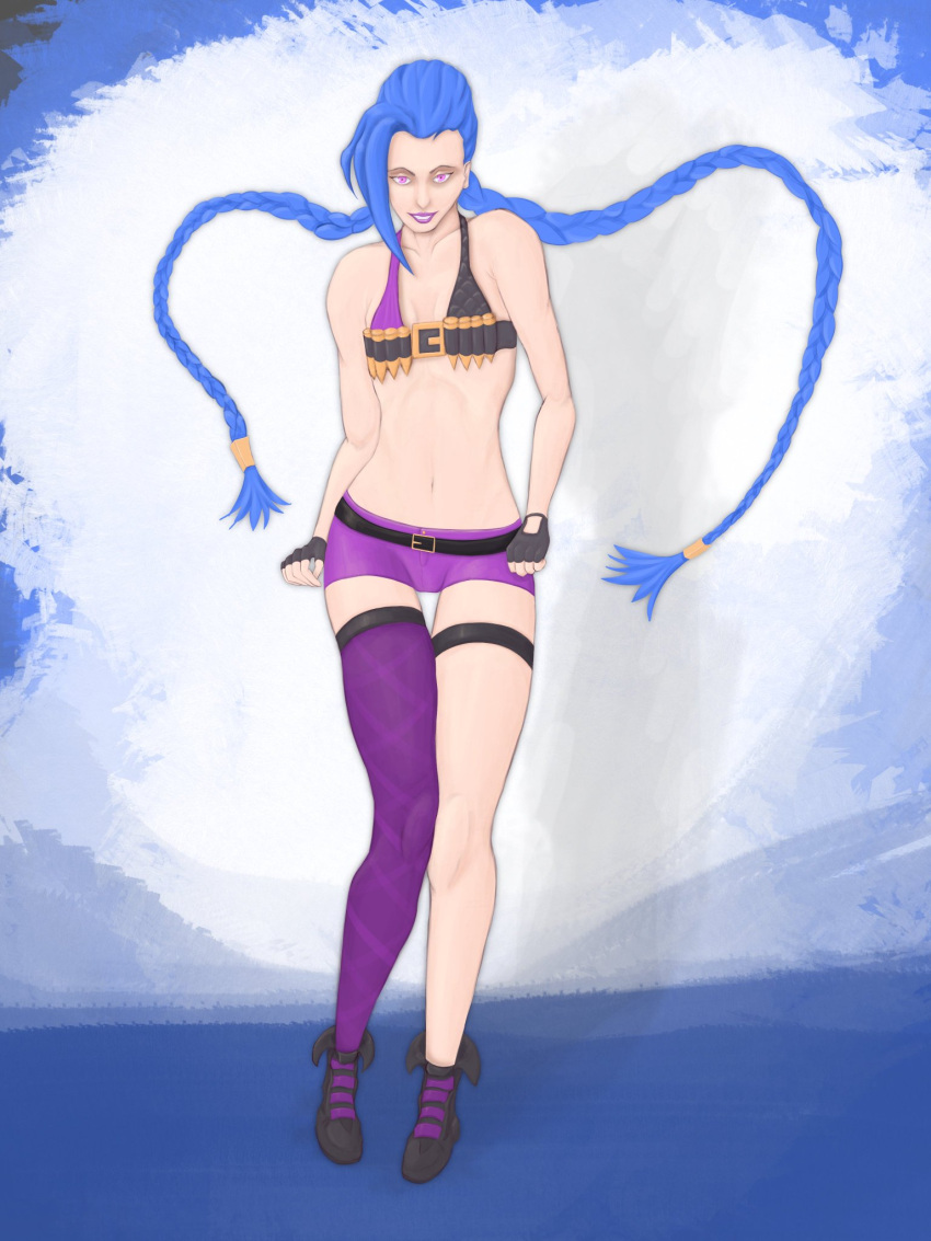 1girls bikini bikini_top blue_hair braided_hair bullet bullet_belt female female_focus female_only flat_chest full_body full_color human human_only jinx_(league_of_legends) league_of_legends long_hair looking_at_viewer marikcapone riot_games small_breasts twintails