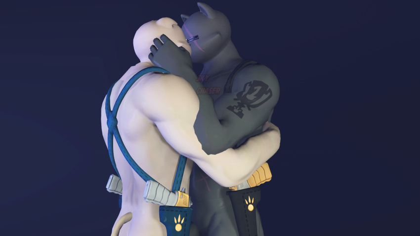 3d_(artwork) anthro arm_tattoo closed_eyes digital_media_(artwork) domestic_cat duo embrace epic_games felid feline felis fortnite ghost_meowscles hand_on_back hand_on_head hi_res hug kissing male male/male mammal meowscles_(fortnite) muscular muscular_anthro muscular_male nude scar shadow_meowscles_(fortnite) sky_chaser source_filmmaker tattoo video_games