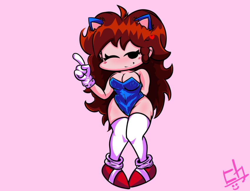 animal_ears artstyle_imitation big_hair black_eyes boots breasts brown_hair costume eye_closed female female_only friday_night_funkin friday_night_funkin_mod girlfriend_(friday_night_funkin) gloves mega_cd_girlfriend mega_cd_locked-on pink shoes smiling sonic_the_hedgehog_(cosplay) thighhighs thighs