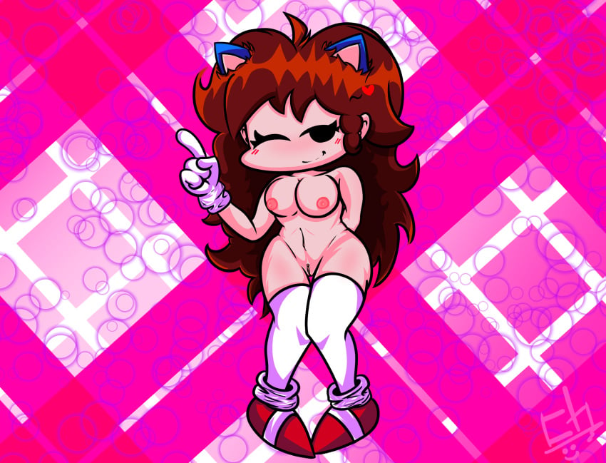 animal_ears artstyle_imitation big_hair black_eyes boots breasts brown_hair clitoris eye_closed female female_only friday_night_funkin friday_night_funkin_mod girlfriend_(friday_night_funkin) gloves mega_cd_girlfriend mega_cd_locked-on pink pussy shoes smiling thighhighs thighs