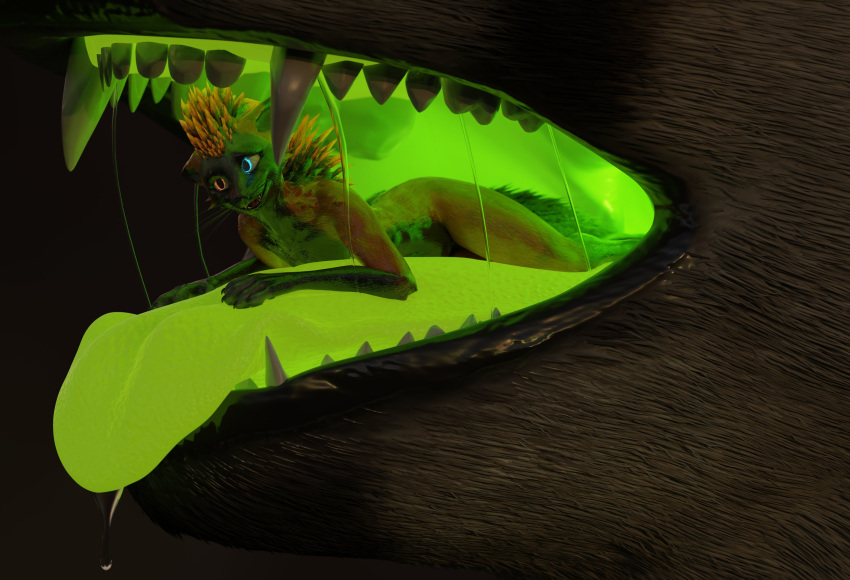 anthro anthro_only black_nose blender_(software) canid canine deer feathers fur furry furry_only green_fur green_markings green_mouth green_tongue heterochromia in_mouth kiwidox kiwidox_(artist) male maw_play mawshot render rexouium saliva saliva_drip tongue_out twitter vore vr_media