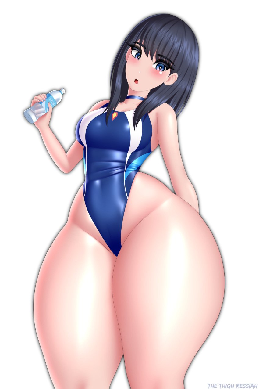 1girls black_hair blue_eyes blue_swimsuit breasts clothing curvaceous curvy curvy_figure female female_only hair hips holding_bottle medium_breasts one-piece_swimsuit solo solo_female ssss.gridman swimsuit takarada_rikka thethighmessiah thick_thighs thighs water_bottle wide_hips