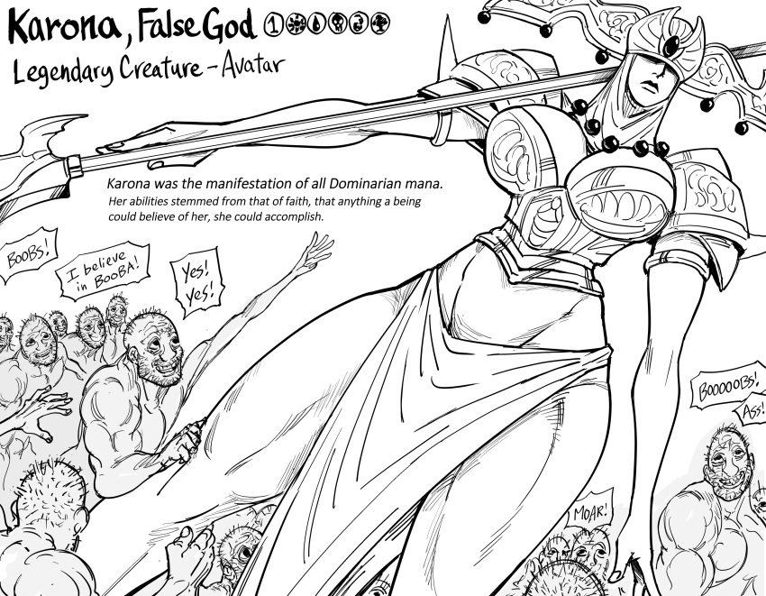 1girls armor bb_(baalbuddy) breasts cleavage coomer deity english_text female female_focus goddess helmet hi_res huge_breasts karona loincloth magic_the_gathering male mana_cost melee_weapon monochrome multiple_boys narrow_waist navel polearm spear speech_bubble text thick_thighs weapon wide_hips worship