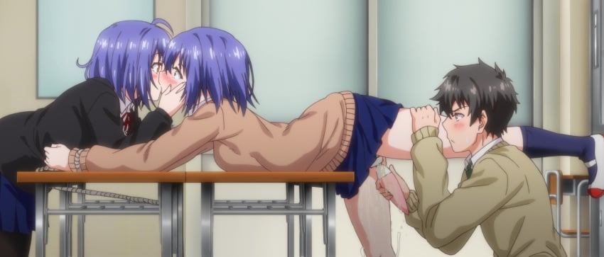 1boy 2girls anime_screencap bent_over bent_over_desk bisexual bisexual_(female) black_hair black_shirt blue_eyes blue_hair blue_skirt blush bondage bound bound_arms bound_to_desk brown_hair classroom clothing desk doggy_style group_sex hand_on_another's_leg hands_on_own_face highres hoshizuki_kaede hoshizuki_suzu incest kaede_to_suzu kissing kyokucho multiple_girls on_desk on_stomach panties pussy_juice red_ribbon ribbon school_desk school_uniform sex_toy shimaidon shirt short_hair siblings sisters skirt threesome twincest twins underwear vibrator yellow_eyes yuri