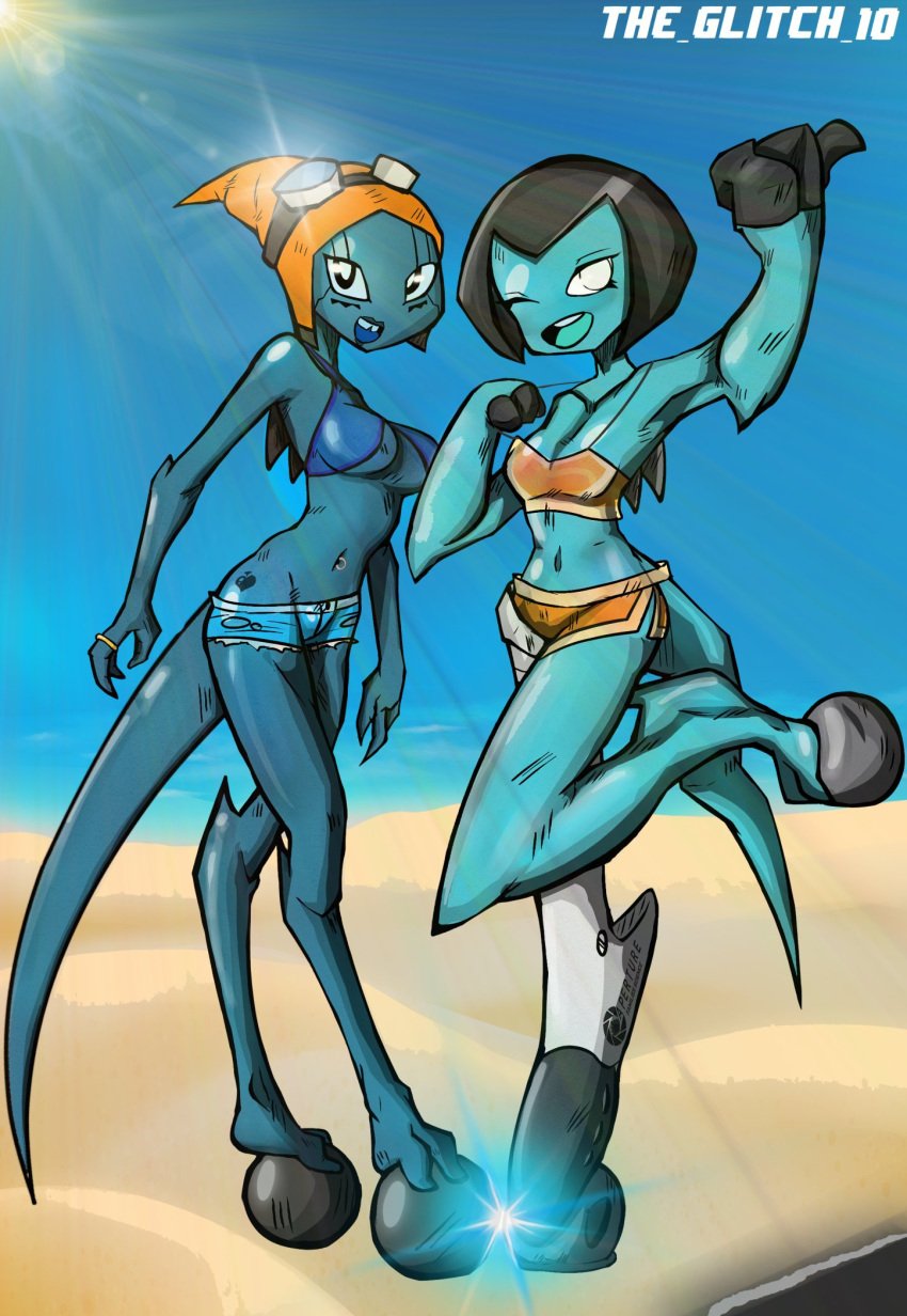 2girls aged_up alien alien_girl beach ben_10 bikini blue_skin e-n female female_only kineceleran large_breasts margaret_(theglitch) medium_breasts ml-e multiple_girls natasha_(theglitch) oc rule_63 tailclothes theglitch