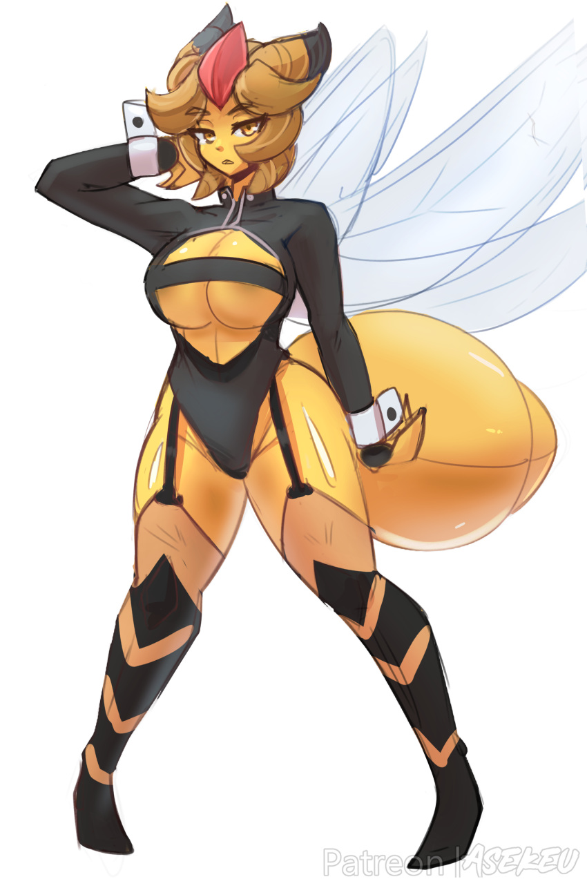 2d anthro anthrofied asekeu looking_at_viewer pinup pokemon stockings stripes swimsuit swimwear vespiquen victoria_(psyke) wasp