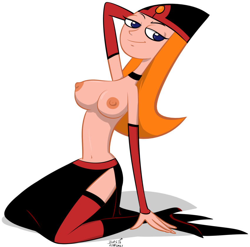 1girls areolae breasts candace_flynn choker cosplay disney disney_channel disney_xd female ginger long_hair nipples orange_hair phineas_and_ferb solo tagme teeth transparent_background umayorokobi white_female