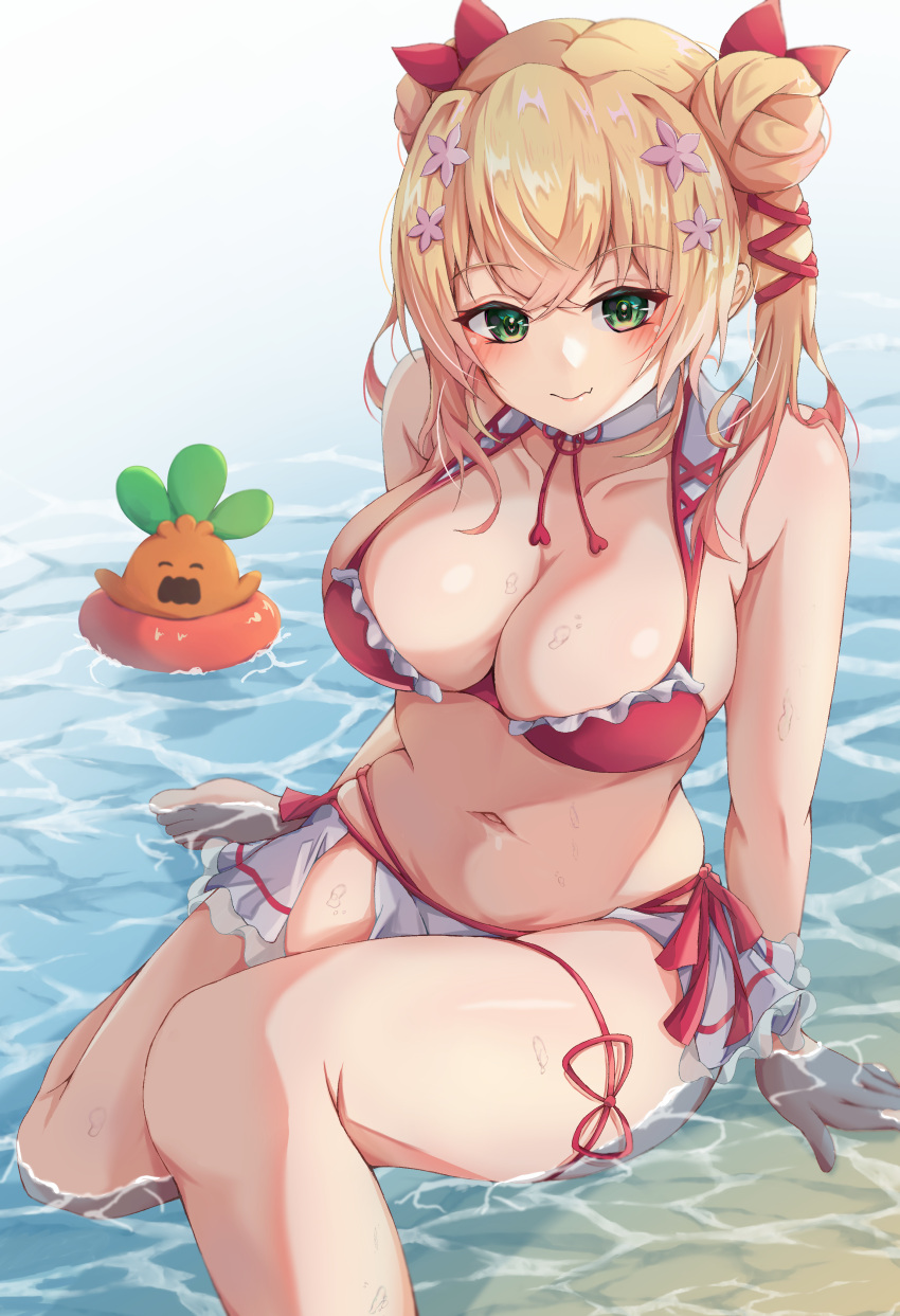 absurdres bare_shoulders beach bikini blonde_hair breasts cleavage collarbone double_bun female flower green_eyes hair_bun hair_flower hair_ornament highres hololive hololive_gen_5 hololive_japan iikiroro large_breasts long_hair midriff momosuzu_nene navel nekko_(momosuzu_nene) sitting solo swimsuit virtual_youtuber water