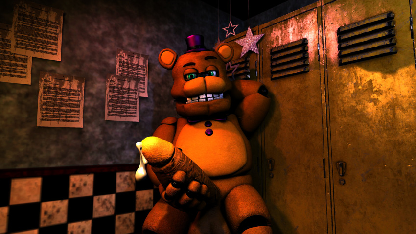 bowtie cum cum_leaking five_nights_at_freddy's fredbear_(fnaf) gay hand_on_penis hat large_penis looking_at_viewer male male_only party_bear12 penis presenting_penis seductive_look solo solo_focus solo_male